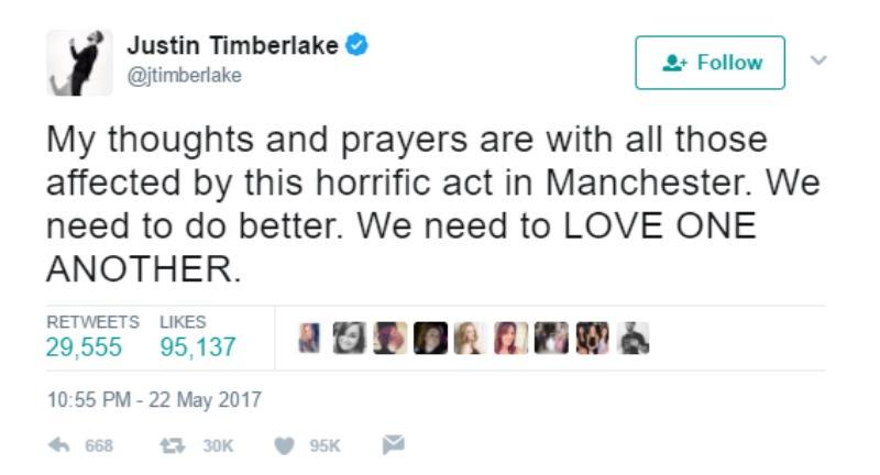 This is a screen shot of Justin Timberlake tweeting "My thoughts and prayers are with all those affected by this horrific act in Manchester. We need to do better. We need to LOVE ONE ANOTHER."