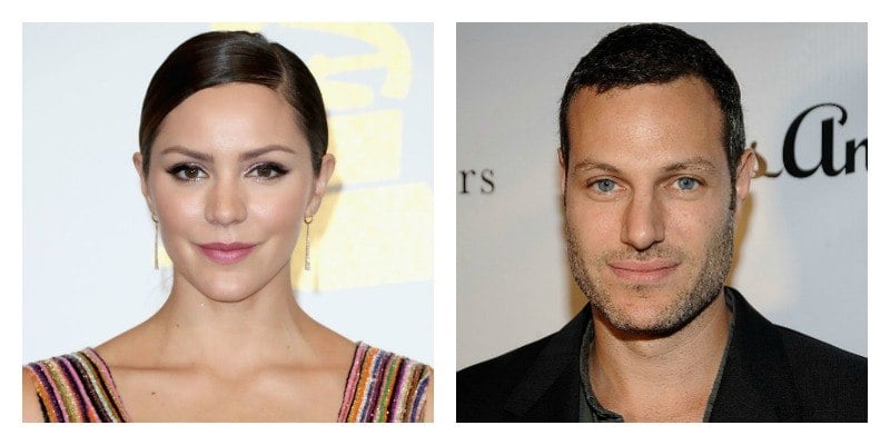 On the left is a closeup of Katharine McPhee's face as she poses on the red carpet. On the right is a closeup of Matthew Morris' face as he poses on the red carpet.