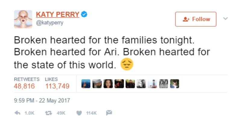 This is a screen shot of Katy Perry tweeting, "Broken hearted for the families tonight. Broken hearted for Ari. Broken hearted for the state of this world."