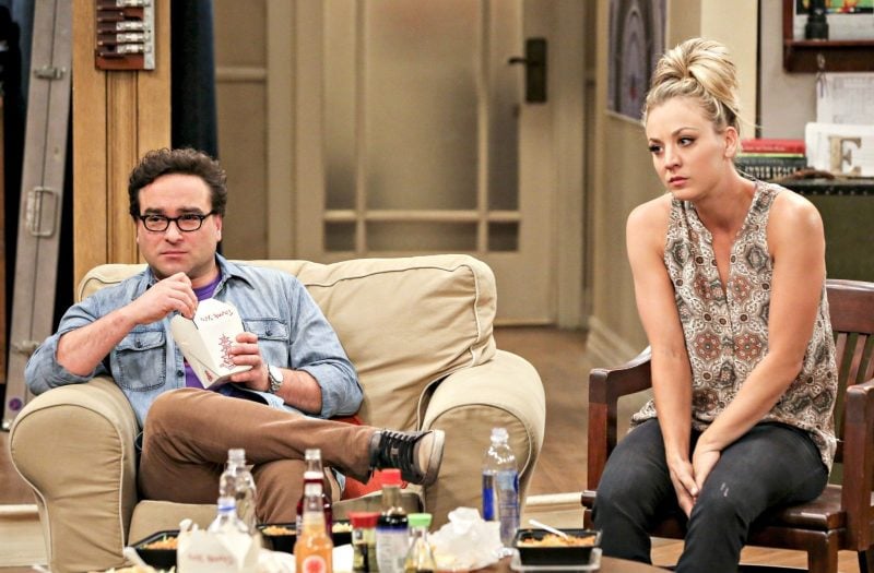 Leonard and Penny sit next to each other while eating Chinese food in The Big Bang Theory Leonard and Penny sit next to each other while eating Chinese food in The Big Bang Theory