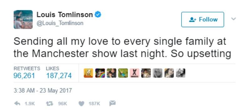 This is a screen shot of Louis Tomlinson tweeting "Sending all my love to every single family at the Manchester show last night. So upsetting"