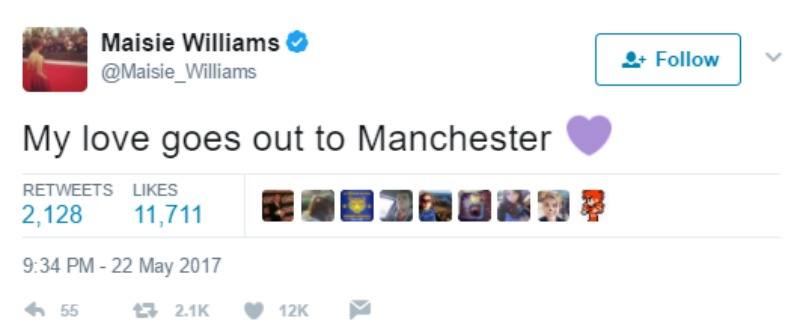 Maisie Williams tweets "My love goes out to Manchester."