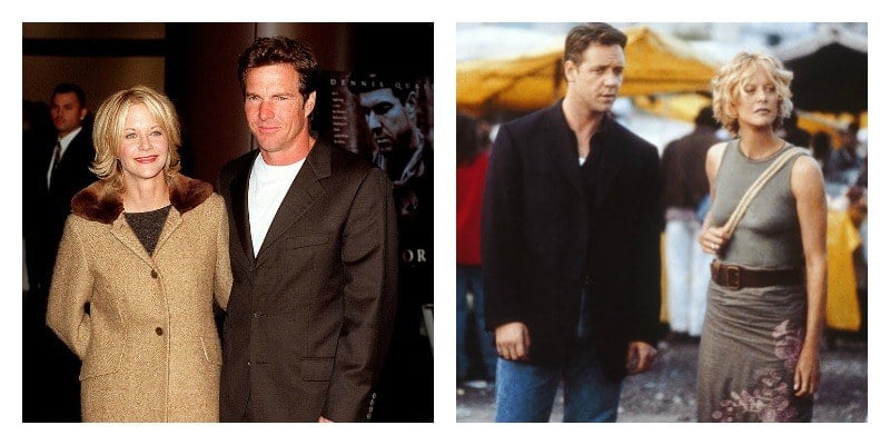 On the left is a picture of Meg Ryan and Dennis Quiad on the red carpet. On the right is a picture of Meg Ryan and Russel Crowe in Proof of Life.