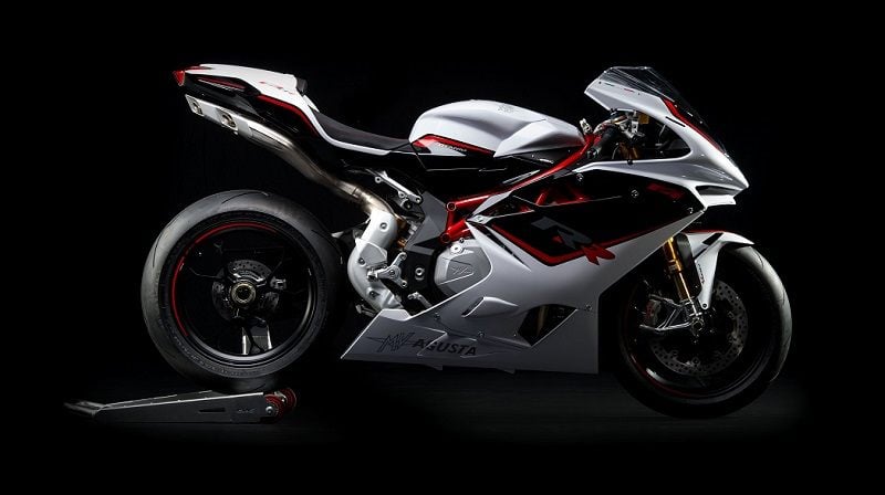 Side view of MV Agusta F4 RR in gray with black and red trim