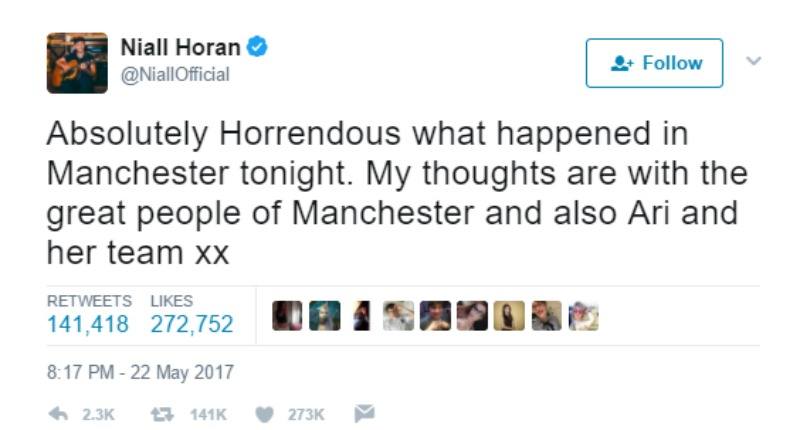 This is a screen shot of Niall Horan tweeting "Absolutely Horrendous what happened in Manchester tonight. My thoughts are with the great people of Manchester and also Ari and her team xx"
