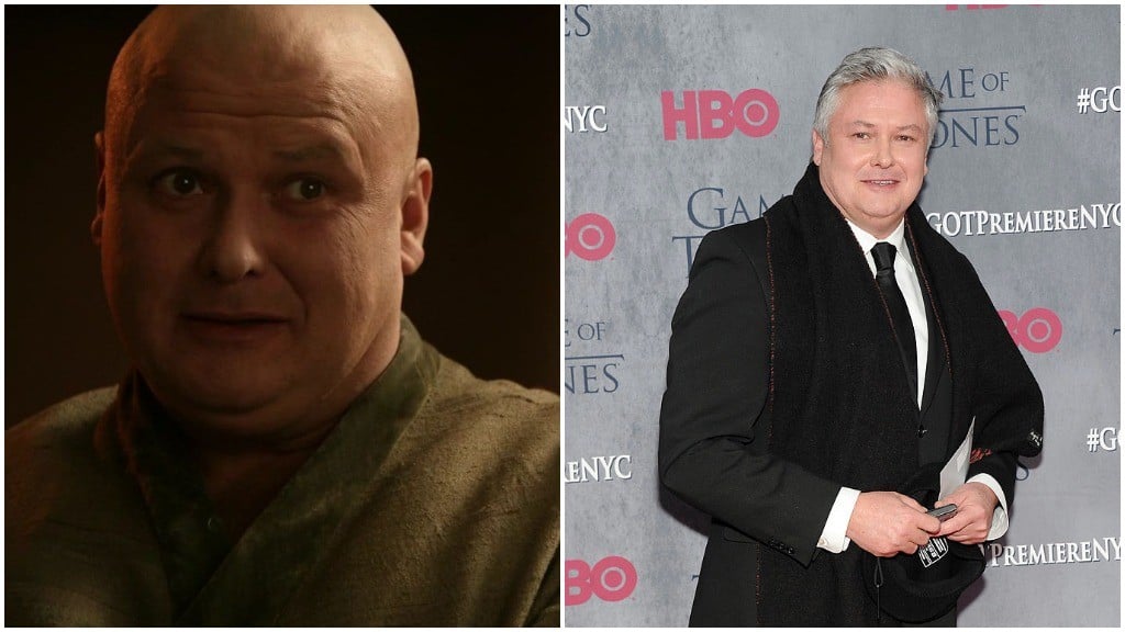 A side-by-side comparison of Conleth Hill as Varys, and with a full head of a hair and a suit on the red carpet
