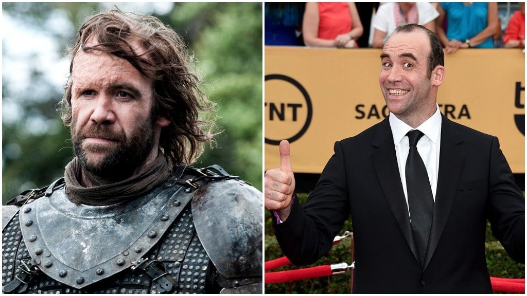 A side-by-side comparison of Rory McCann as Sandor Clegane, and giving a thumbs up on the red carpet while smiling