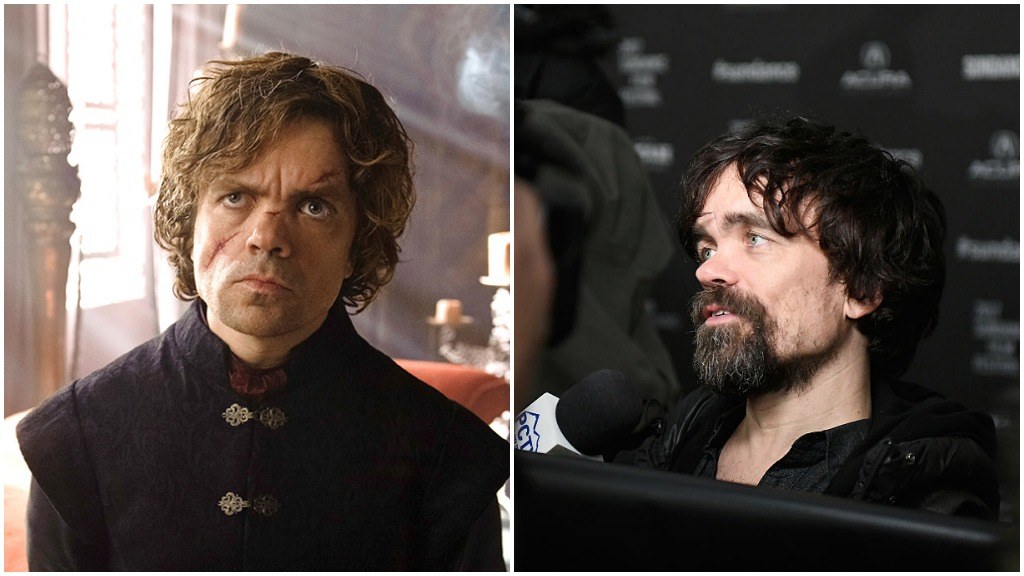 A side-by-side comparison of Peter Dinklage on Game of Thrones, and on the red carpet at Sundance Film Festival
