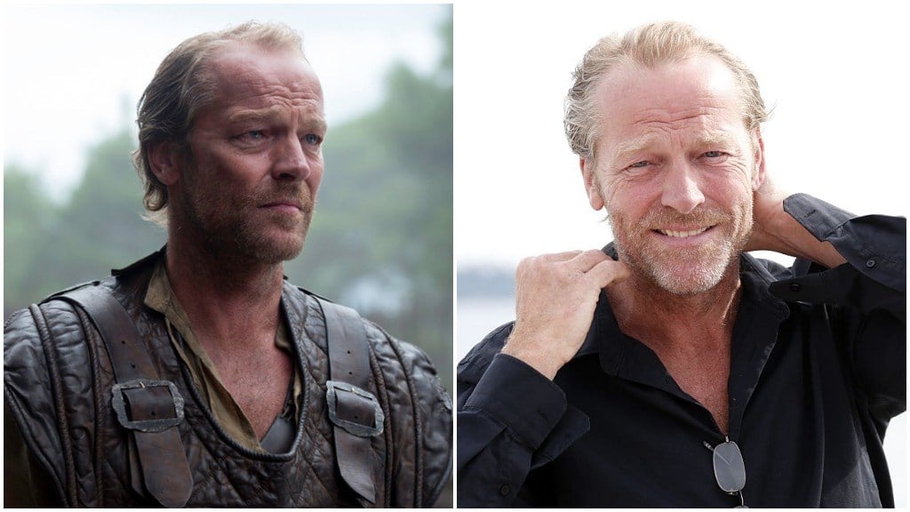 A side-by-side comparison of Iain Glen, as Jorah Mormont, and wearing a flowy black button-up shirt in a promotional image