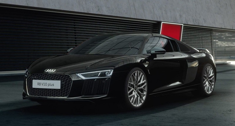 View of black Audi R8 from front three quarter angle