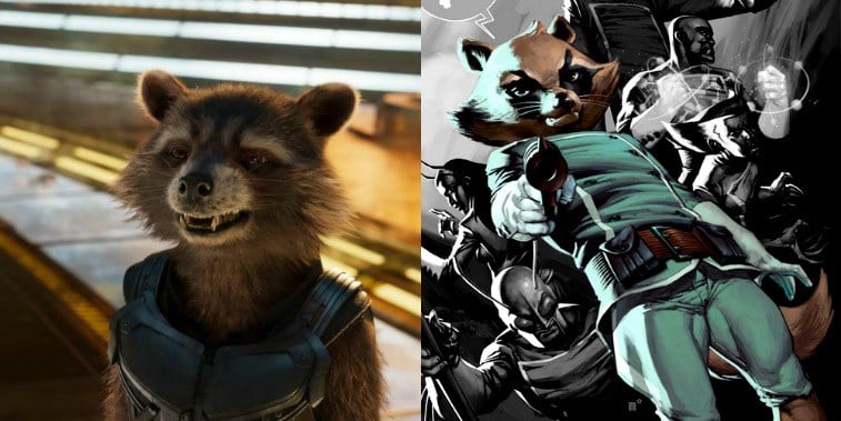 Rocket in GOTG Vol. 2 and comic image of Rocket in the comics