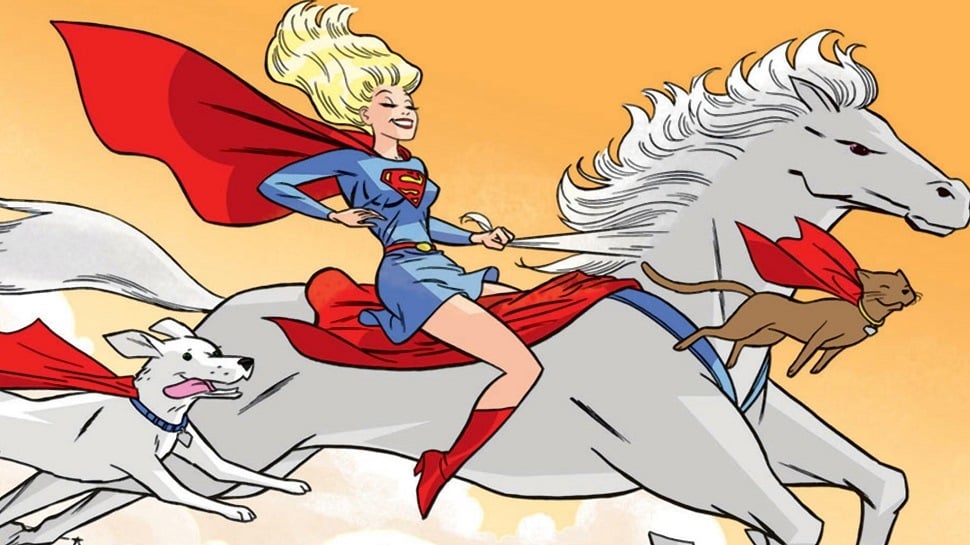 Cartoon comic of Supergirl riding on a horse with a dog and a cat wearing capes flying alongside them