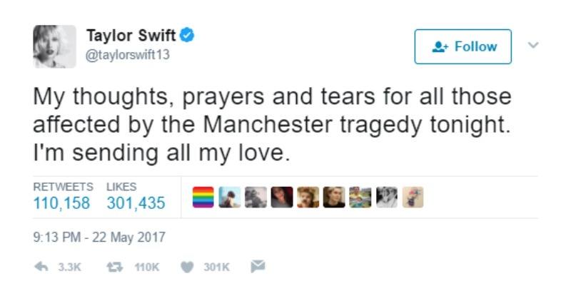 This is a screen shot of Taylor Swift tweeting that her thoughts are with the people of the Manchester tragedy.