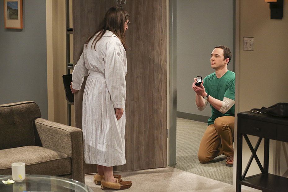 Sheldon Cooper gets on his knee and proposes to Amy Farrah Fowler in the Season 10 finale of The Big Bang Theory