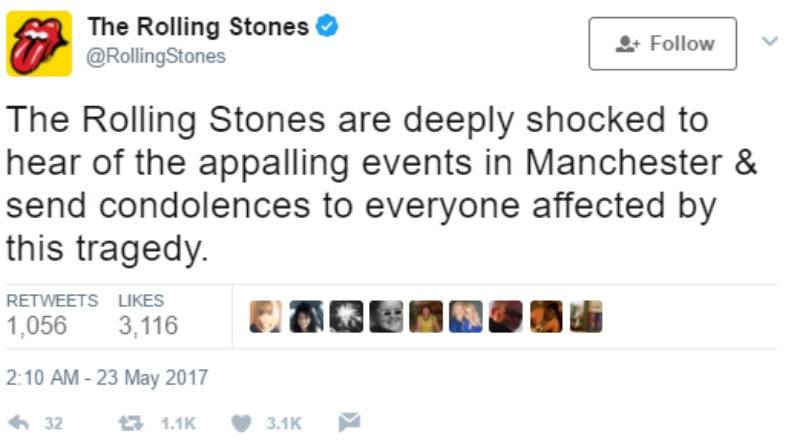 This is a screen shot of The Rolling Stones tweeting "The Rolling Stones are deeply shocked to hear of the appalling events in Manchester & send condolences to everyone affected by this tragedy."