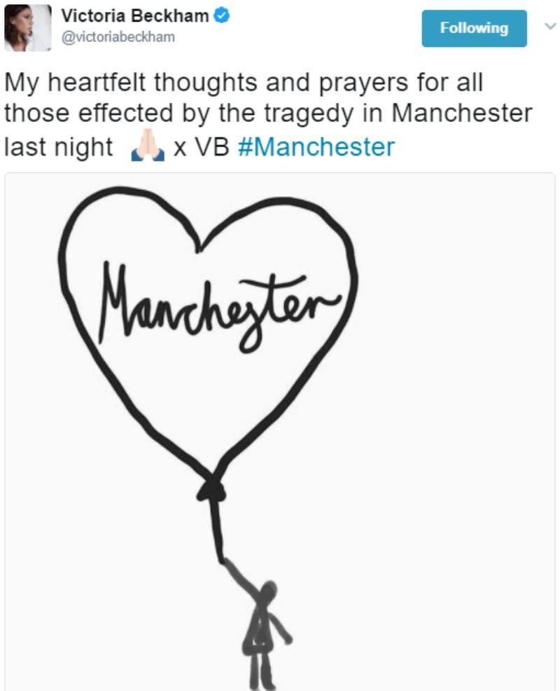 This is a screen shot of Victoria Beckham's tweet which includes a heart around "Manchester."