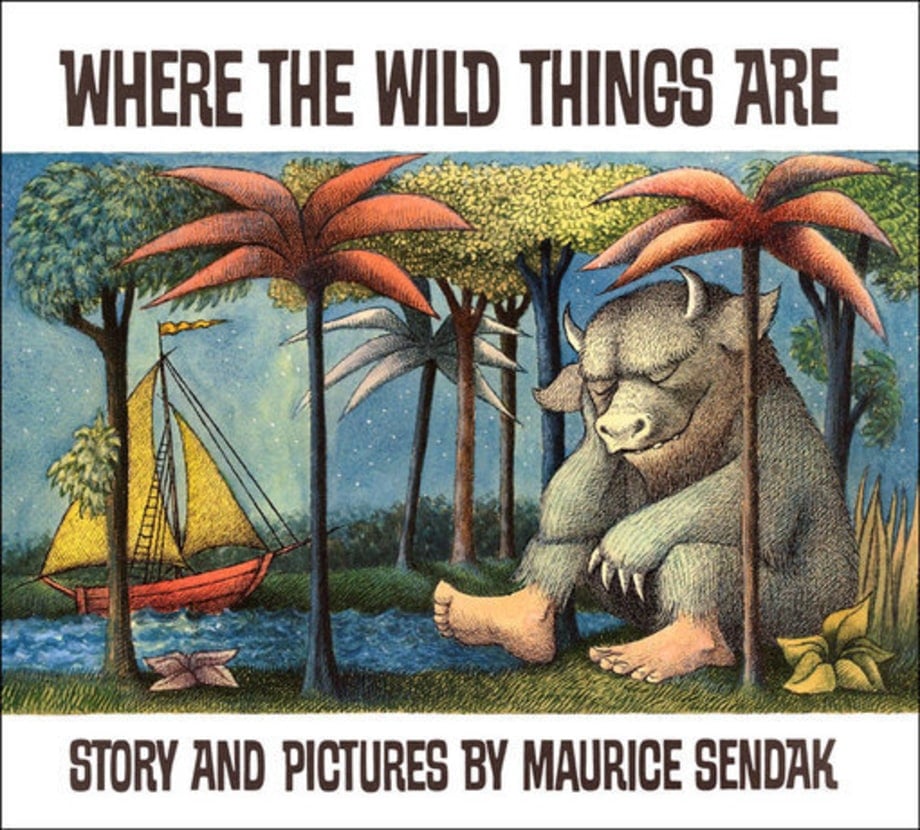 The cover of Where the Wild Things Are, with a sleeping monster sitting under a grove of palm trees