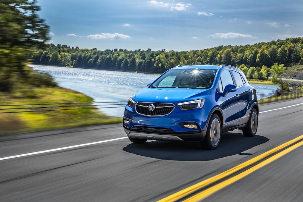Shot of blue 2017 Buick Encore on the road