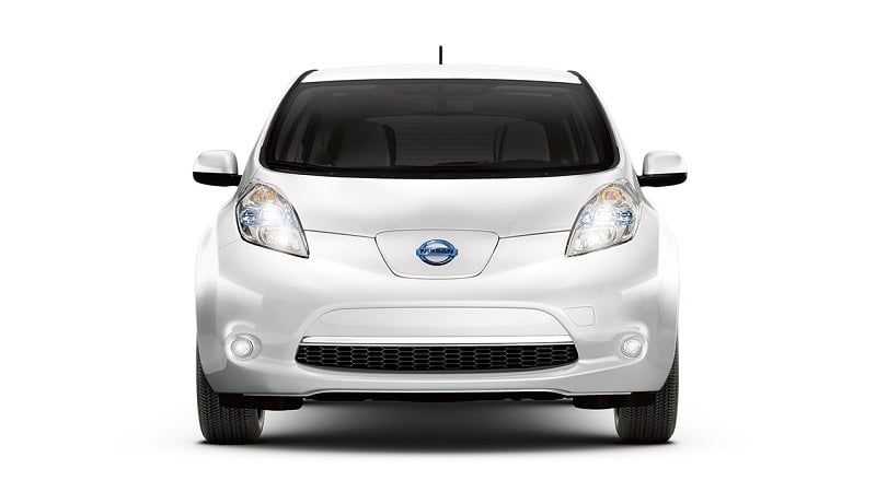 Front view of pearl white Nissan Leaf