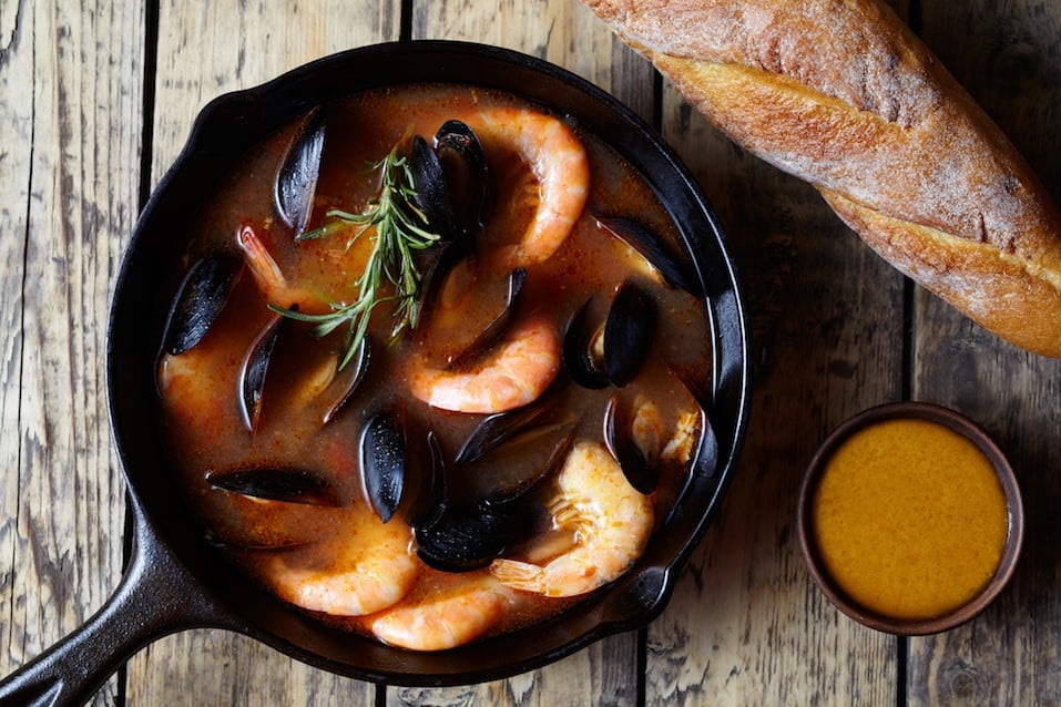 Bouillabaisse seafood fish soup with prawns, mussels tomato, lobster. Sauce Rouille