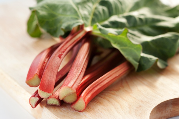 Fresh cut rhubarb laying on a table