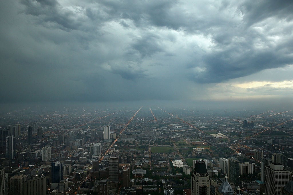 Storm clouds push toward downtown