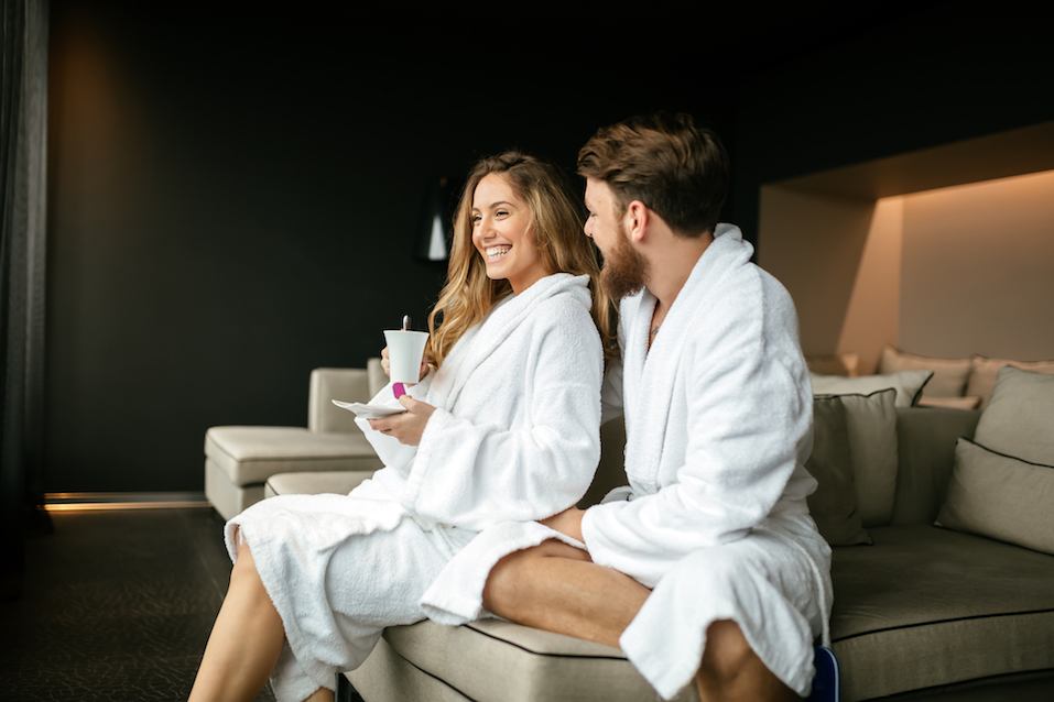 Romantic couple enjoying honeymoon escape and wellness weekend