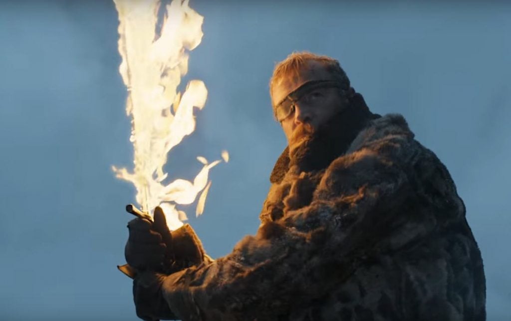 Beric Dondarrion, wielding a flaming sword while fighting in the snow