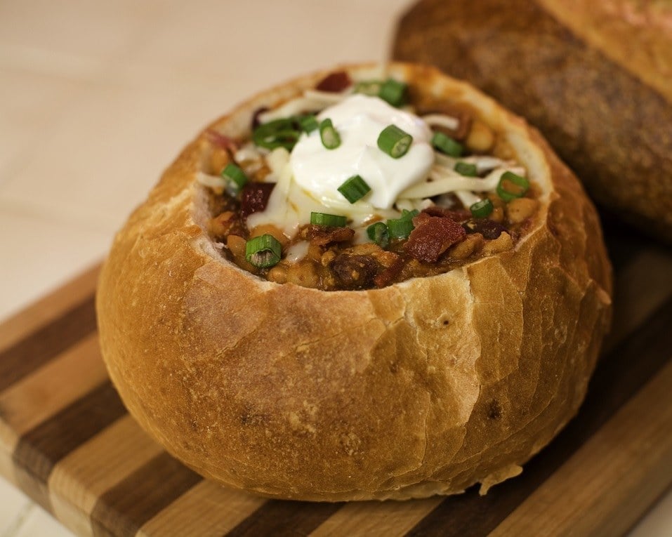 Turkey Chipotle Chili garnished with bacon