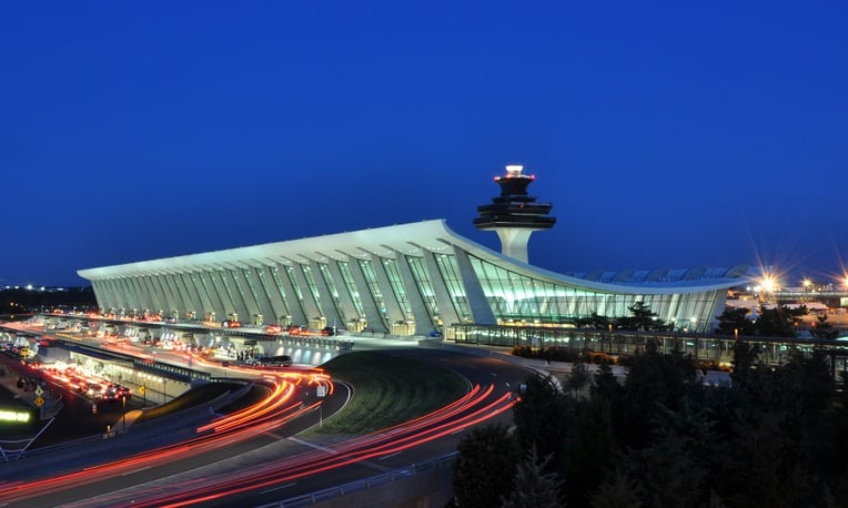 Main Terminal of Washington Dulles International Airport at dusk in Virginia, USA.