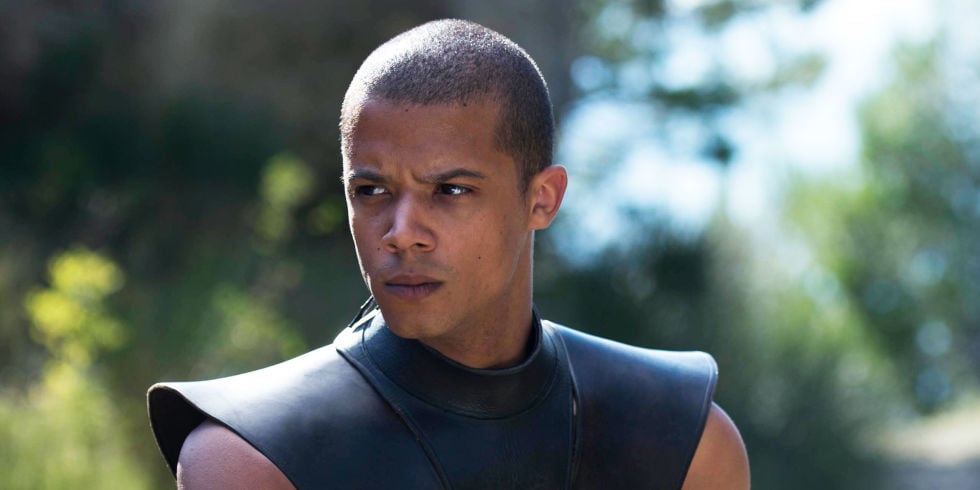 Grey Worm, with a furrowed brow looking off to the left of the frame Grey Worm, with a furrowed brow looking off to the left of the frame
