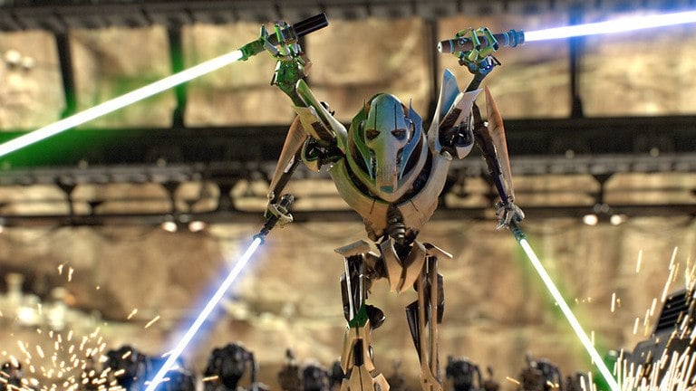 General Grievous, wielding a lightsaber in each of his four arms, walking menacingly forward with each arm extended out