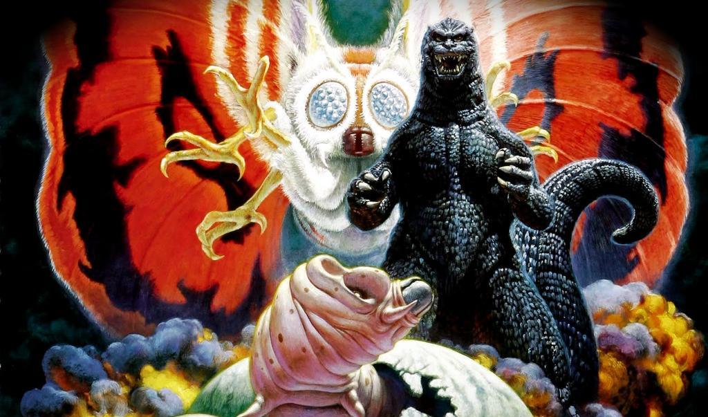 Godzilla facing the camera, with Mothra flying in behind him, in a colorful promo poster