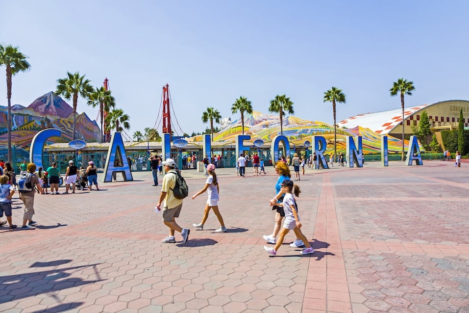 people visit disneyland and walk over commemorative bricks with