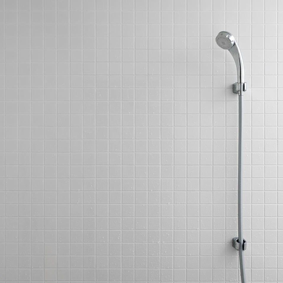 shower head and tiles with white grout