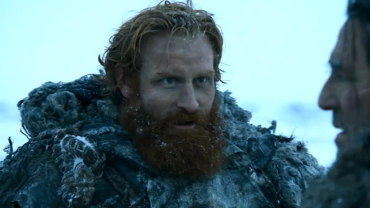 Tormund Giantsbane, standing in the snow and talking to a man off-camera. Tormund Giantsbane, standing in the snow and talking to a man off-camera.