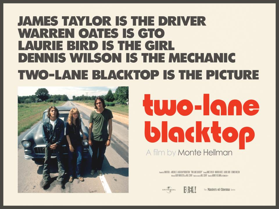 A poster for Two-Lane Blacktop, showing the three main characters posing in front of a car pulled over on a highway