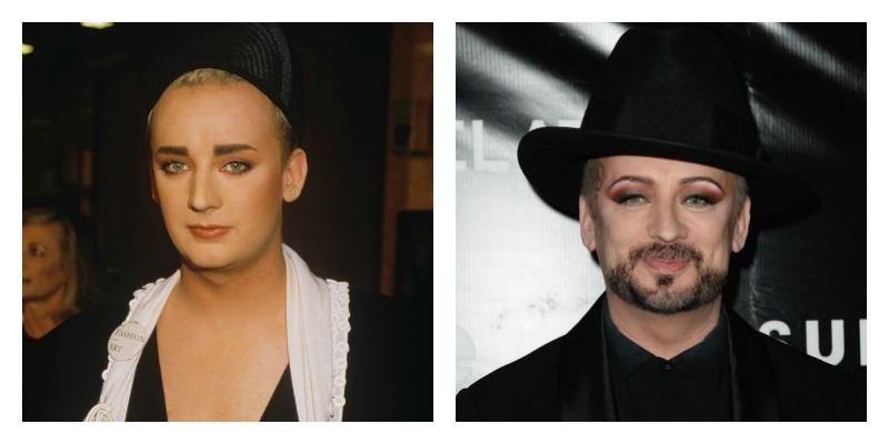 On the left there is a younger Boy George with some eye shadow and tall hat. On the right Boy George has a goatee, eye shadow, and a peace sign tattoo on the side of his head.
