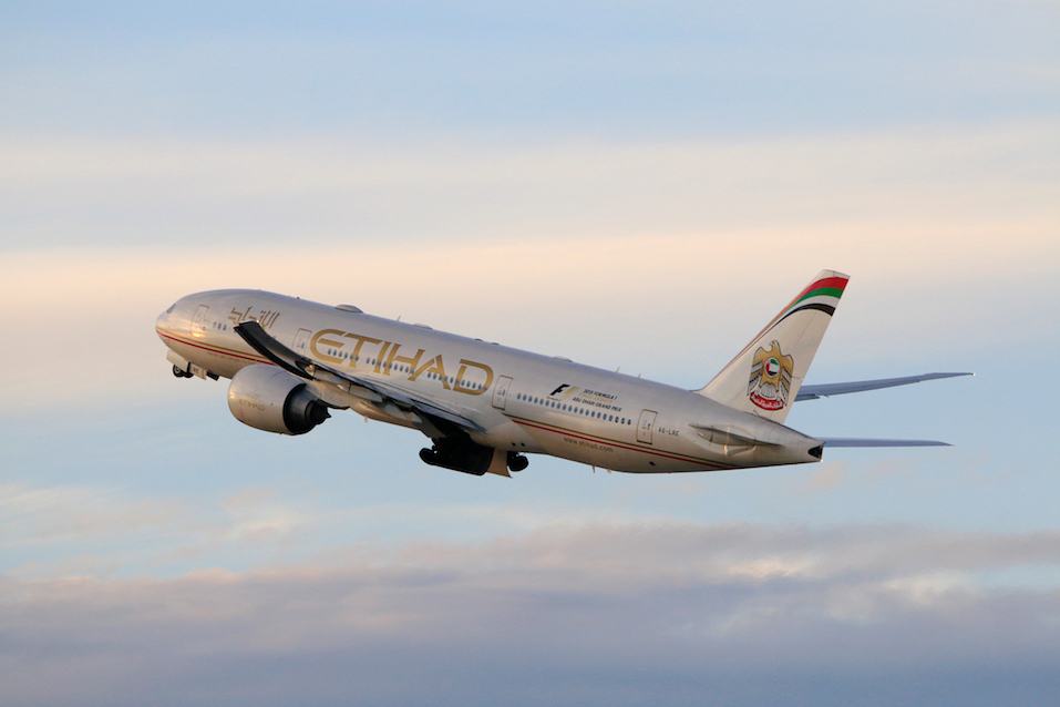 Etihad Airways Boeing 777-200LR taking off at LAX Airport