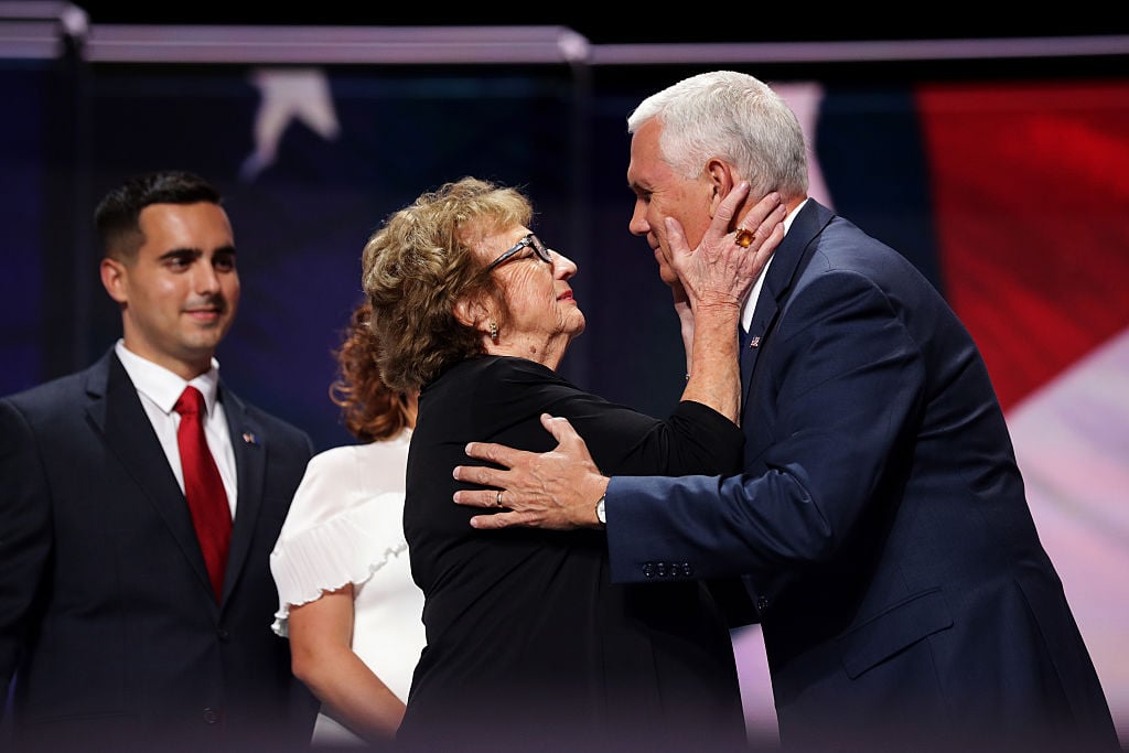 Mike Pence is embraced by his mother, Nancy Pence.