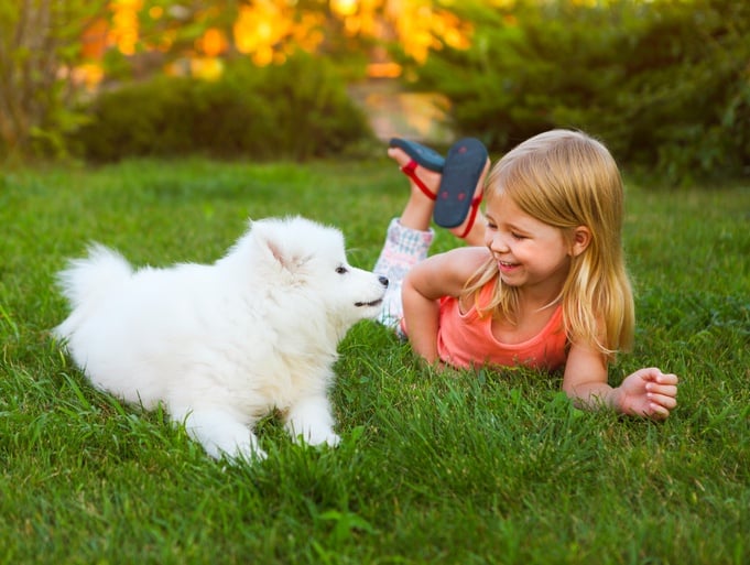 girl and puppy