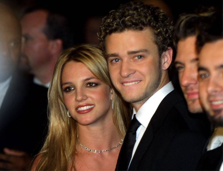 Singer Britney Spears and boyfriend Justin Timberlake from the band N'sync, arrive at Clive Davis'' pre-grammy awards gala