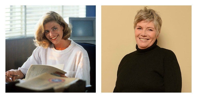 On the left is young Kate McGillis in Top Gun. On the right is Kate McGillis with short and grey hair.