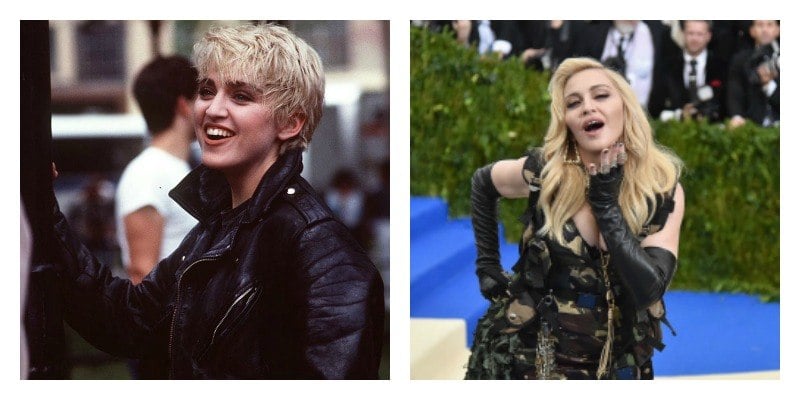 On the left is a picture of Madonna with short blonde hair and wearing a black leather jacket. On the right is Madonna in a military dress, grills in her mouth, and long hair.