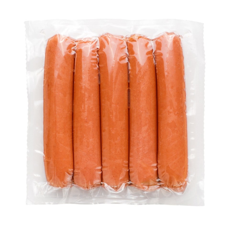 Pack of raw hot dogs