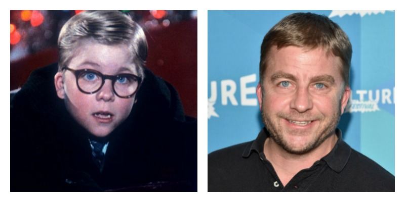 On the left is Petter Billingsley wearing glasses and holding on to a slide. On the right is an adult Peter Billgsley smiling on the red carpet.