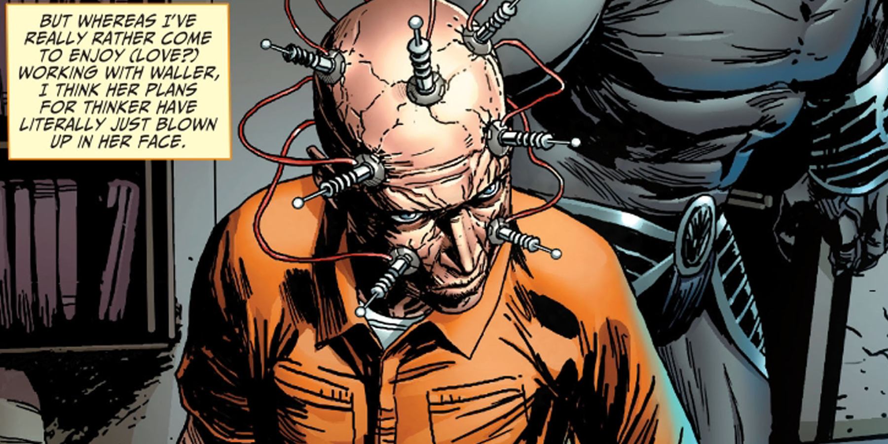 A comic book scene of a man in an orange prison suit with wires attached to his brain