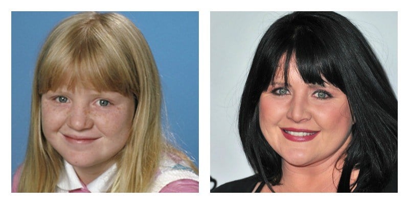 Tina Yothers. On the left is a young and blonde Tina Yothers. On the right is an older black-haired Tina Yothers.