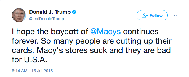 Donald Trump tweets about Macy's