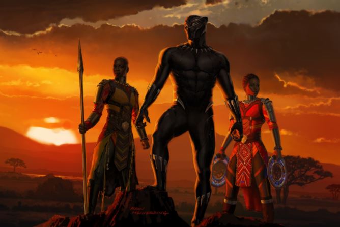 Black Panther is flanked by two female soldiers in front of a sunset